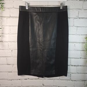 KASPER PENCIL SKIRT BLACK WITH LEATHER FRONT INSERT ABOVE KNEE LENGTH WOMENS SM